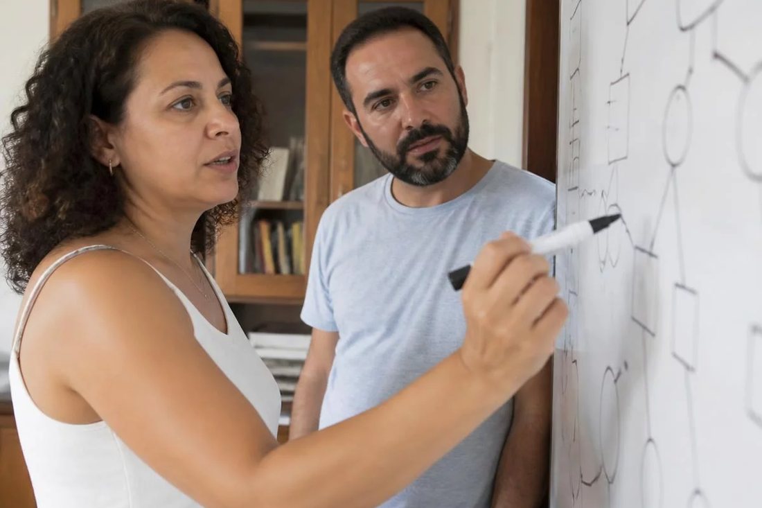 Duas pessoas diante de um quadro branco com a armação de um argumento rabiscada